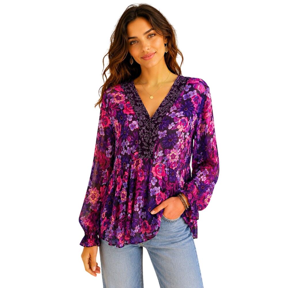 Millenium Purple Pink Floral Sheer Chiffon V-Neck 3/4 Sleeve Rayon Blouse